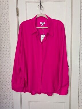 Argent Silk Blouse Hot Pink Button Front Blouse Long Sleeve Office Career XXL